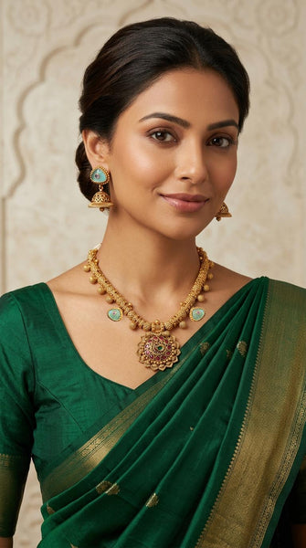 SAREEQUEEN Gold Plated Emerald Green Pendant Necklace Set
