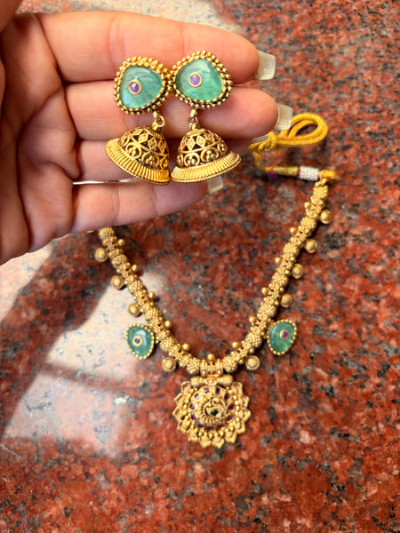 SAREEQUEEN Gold Plated Emerald Green Pendant Necklace Set