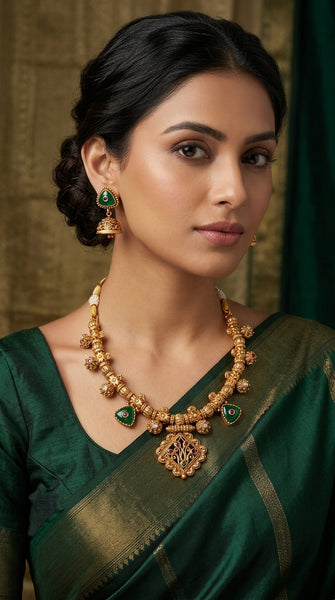 SAREEQUEEN Gold Plated Emerald Green Pendant Necklace Set