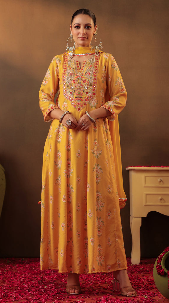 Yellow Floral Light Embroidered Anarkarli Suit - M/L/XL