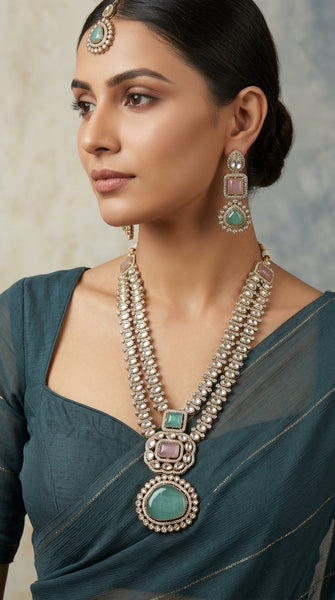 DIVA Green Victorian Style Kundan Layered Necklace Set