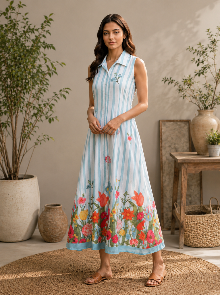 ALORA Sky Blue Bloom Stripe Mul Maxi Dress - S/L