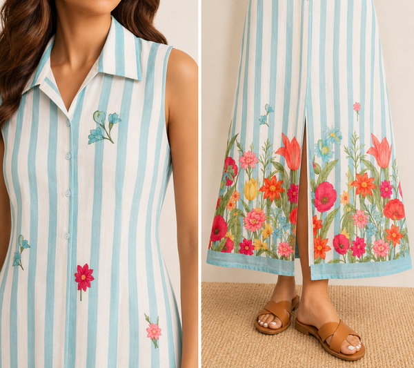 ALORA Sky Blue Bloom Stripe Mul Maxi Dress - S/L