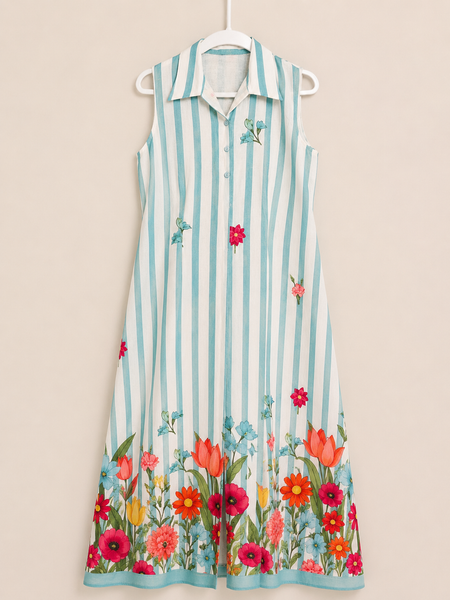 ALORA Sky Blue Bloom Stripe Mul Maxi Dress - S/L