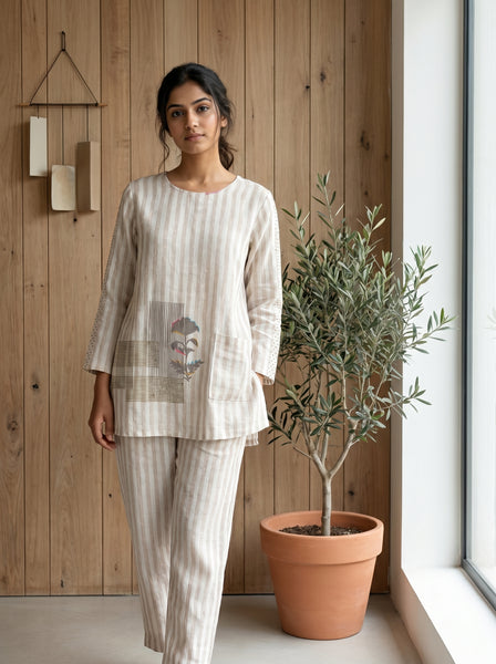 AUREVA Oatmeal Stripe Linen Co-ord Set - M/XL