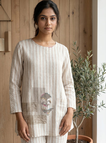 AUREVA Oatmeal Stripe Linen Co-ord Set - M/XL
