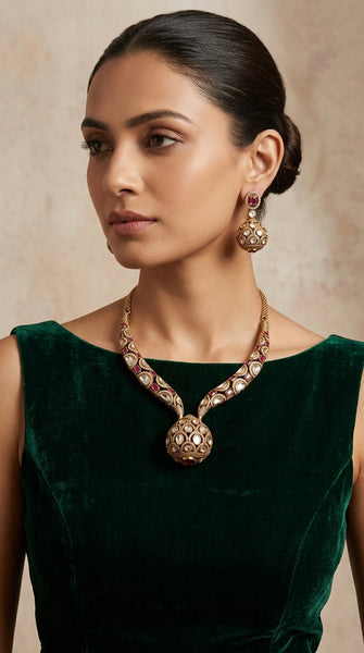 ANYA Ruby Kundan Round Pendant Necklace Set