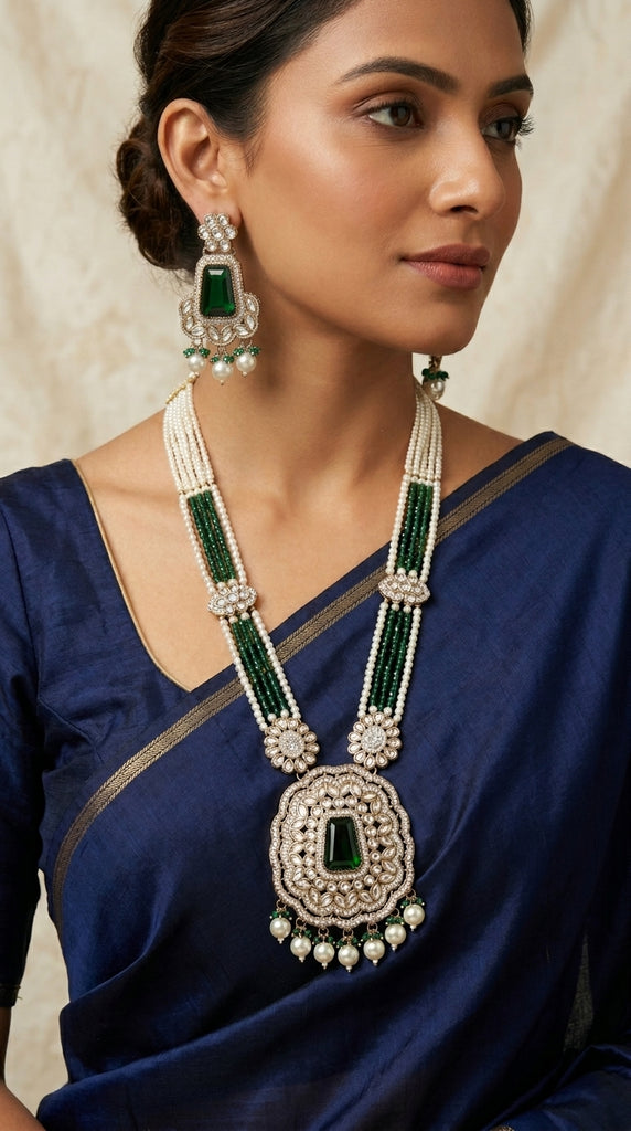 SAREEQUEEN Green Pearl Beaded Pendant Necklace Set