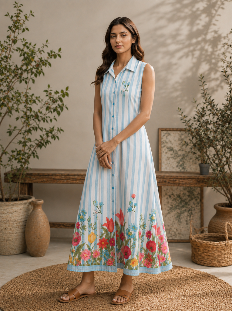 ALORA Powder Blue Bloom Stripe Mul Maxi Dress - M