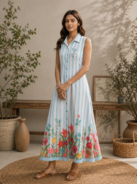 ALORA Powder Blue Bloom Stripe Mul Maxi Dress - M