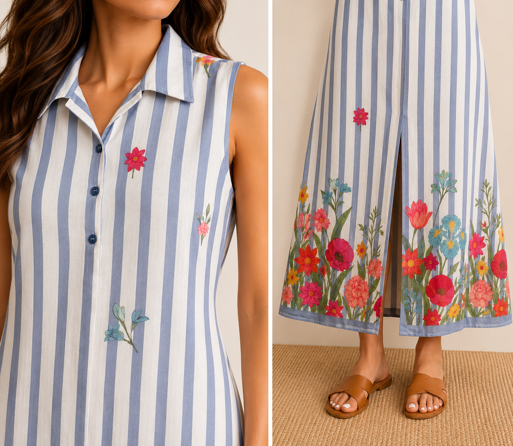 ALORA Powder Blue Bloom Stripe Mul Maxi Dress - S/L