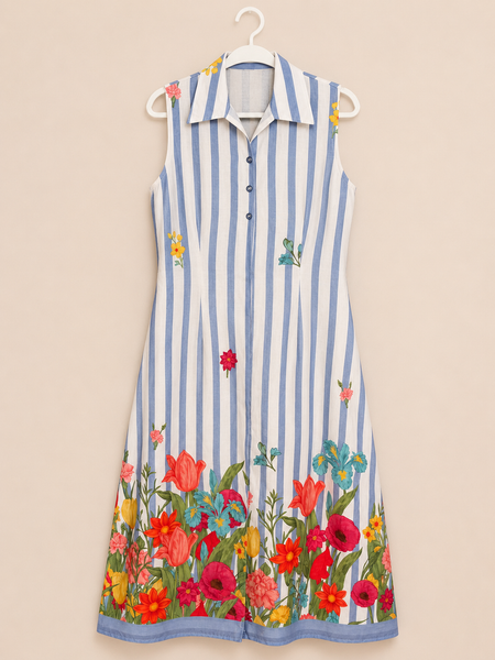 ALORA Powder Blue Bloom Stripe Mul Maxi Dress - S/L