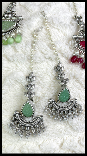 TRIBE Oxidised Silver Coloured Ear chain Earrings - Green & Red