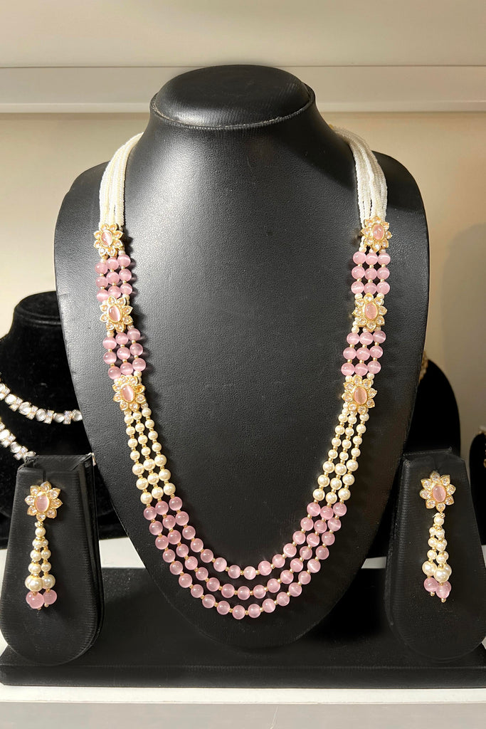 Pink Pearl AD Stone Long Beaded Necklace