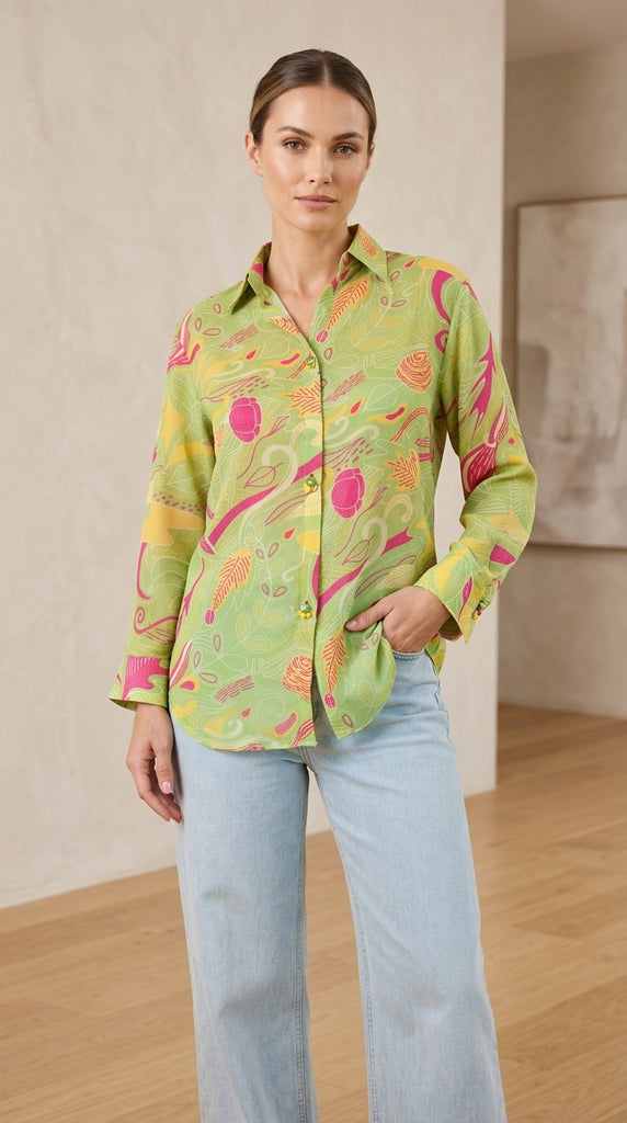 ZEN Chiffon Printed Shirt - Ferns -L-XL