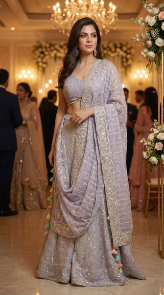 Lilac Embroidery Heavy Sharara Pants Set - M