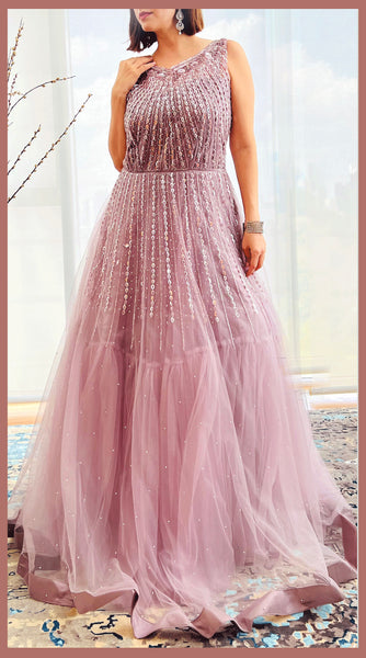 Onion Pink Embroidered Net Gown - L/XL