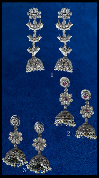 TRIBE Oxidised Silver Jhumki Earrings x 7 Designs