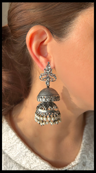 TRIBE Oxidised Silver Jhumki Earrings