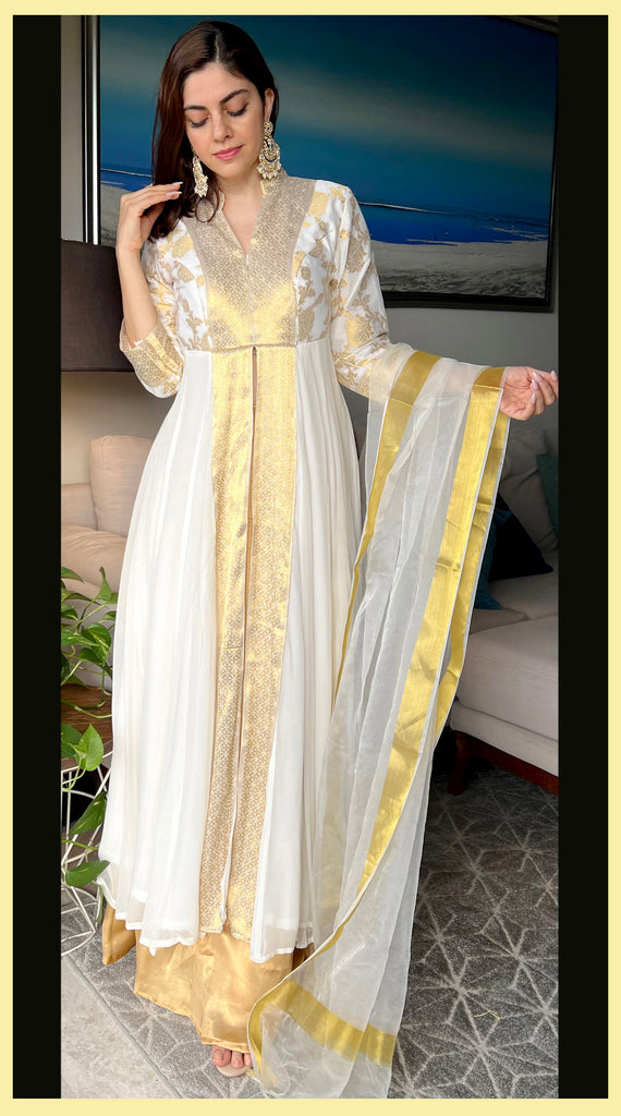 White anarkali with hot sale yellow dupatta