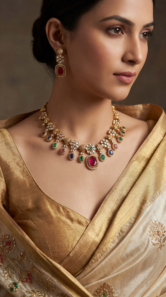 Multicoloured Stone AD Layered Necklace Set