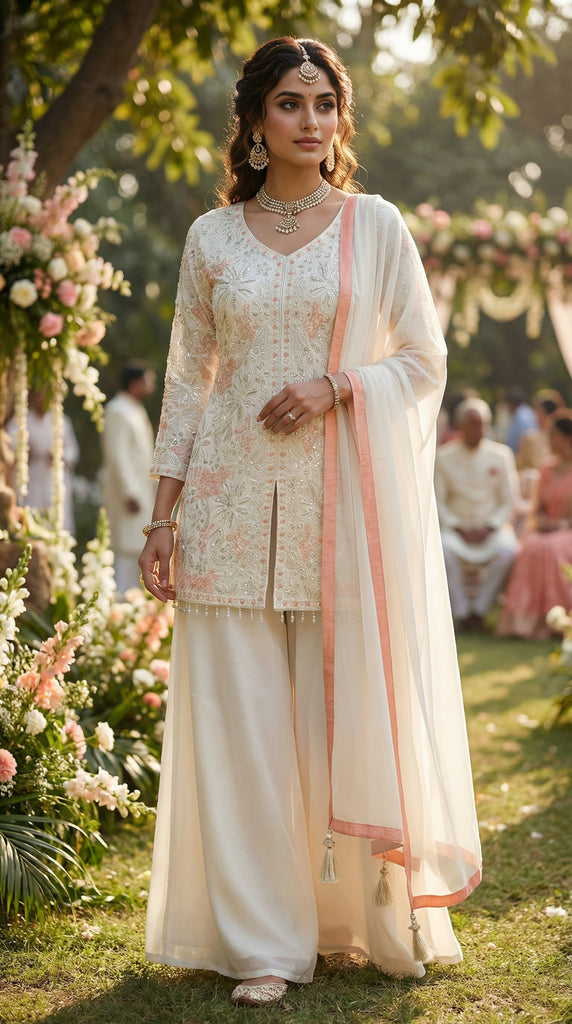 Cream Emberoidered Top with Sharara Pants Set - XL