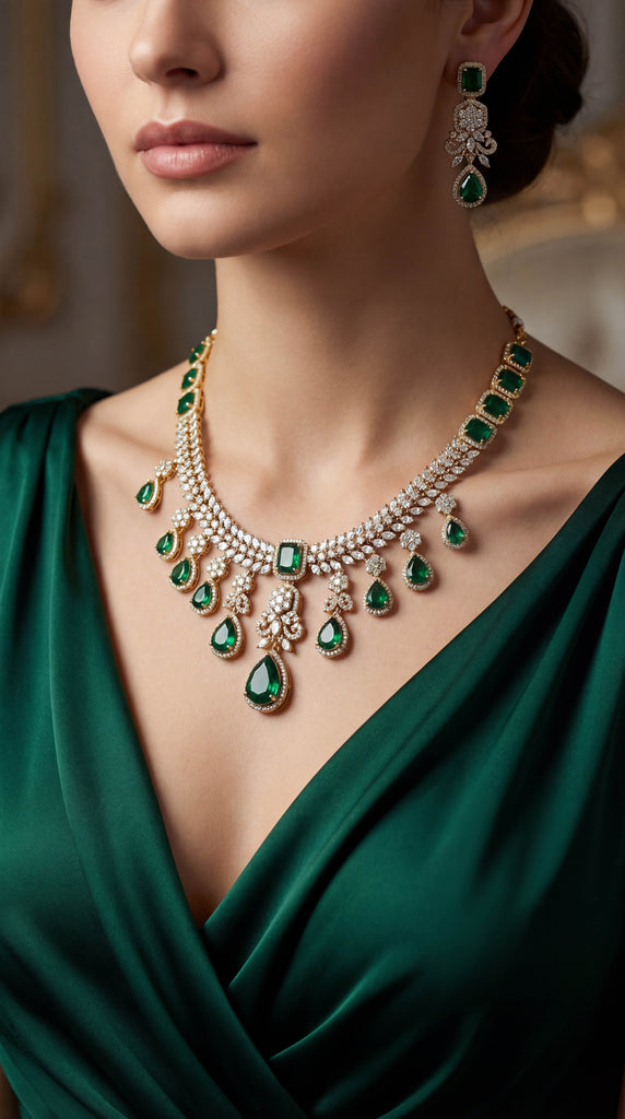 Green Stone AD Layered Necklace Set