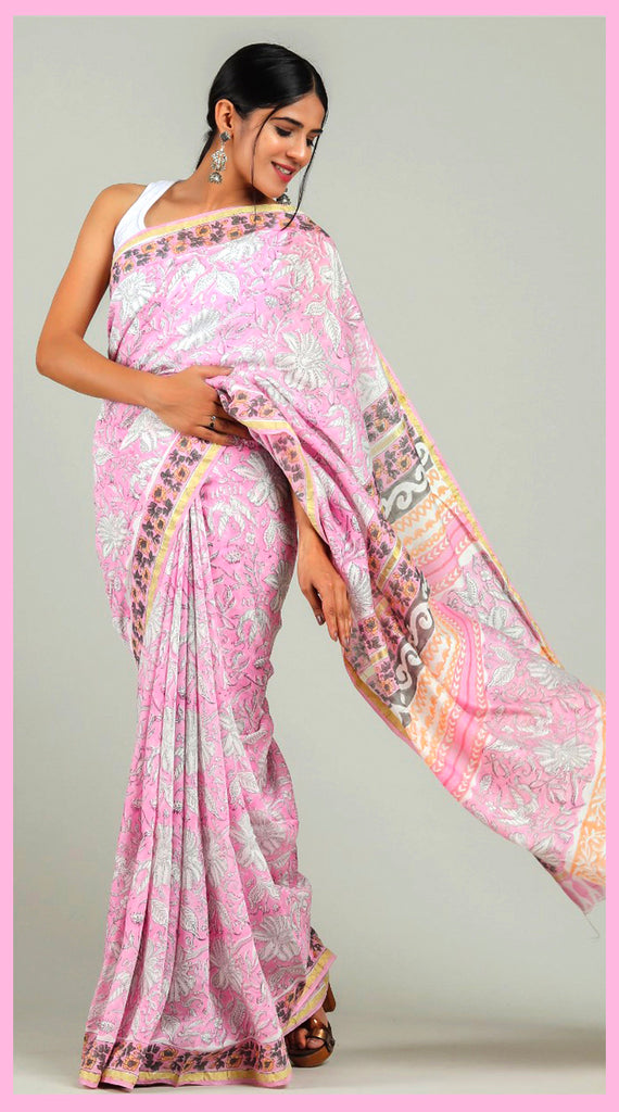 Pink Cotton Print Saree