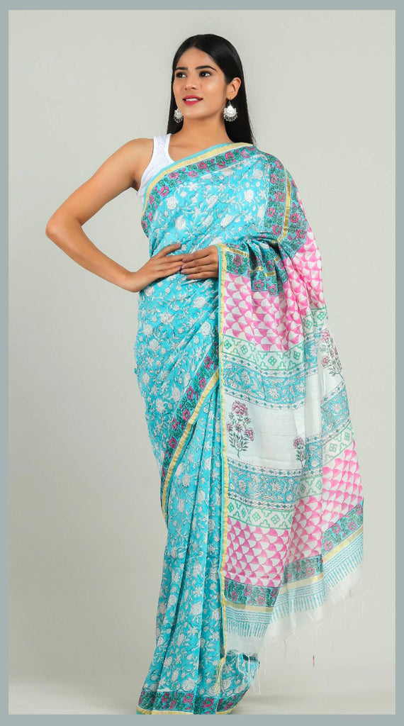 Blue Cotton Print Saree