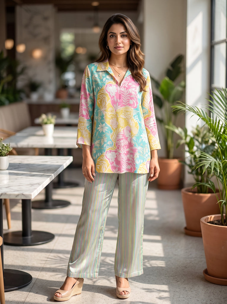AUREVA Pink Aqua Silk Floral Co-ord - S TO L