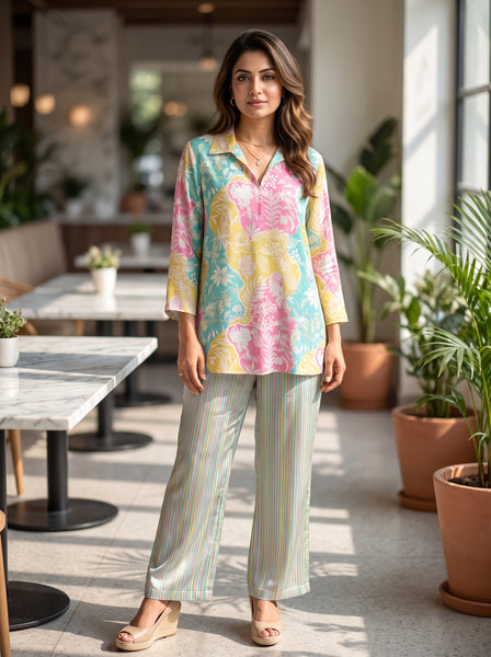 AUREVA Pink Aqua Silk Floral Co-ord - S TO L