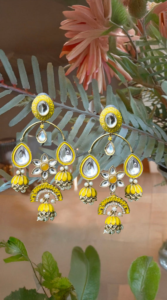 Yellow Big Kundan Chandbali Earrings