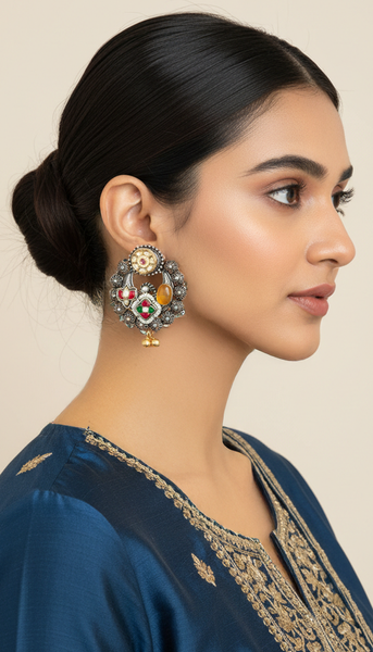 Kundan Oxidised Enamel Chandbali Earrings