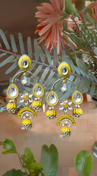 Yellow Big Kundan Chandbali Earrings