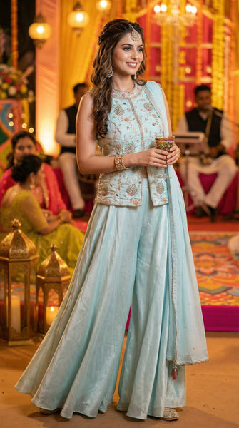 Blue Embroidery Sharara Pants Set - XL