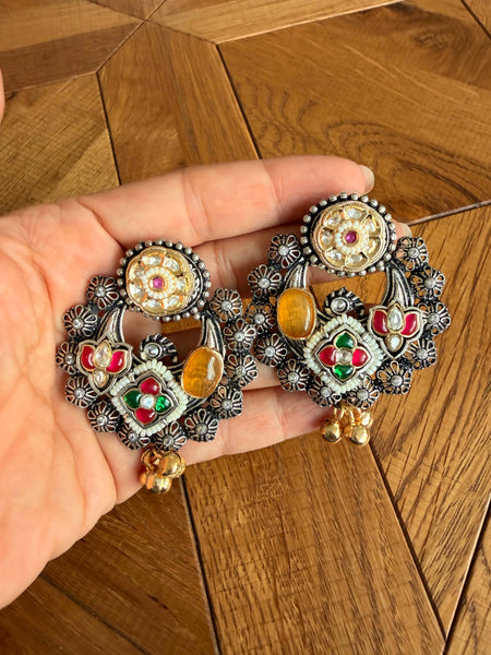 Kundan Oxidised Enamel Chandbali Earrings
