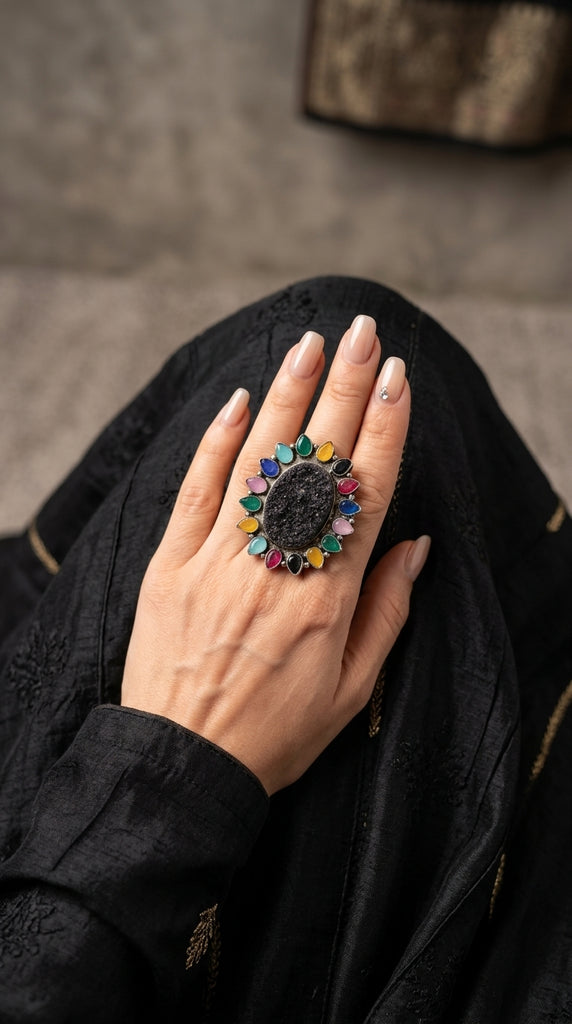 BOHO Black Multi-Coloured Ring
