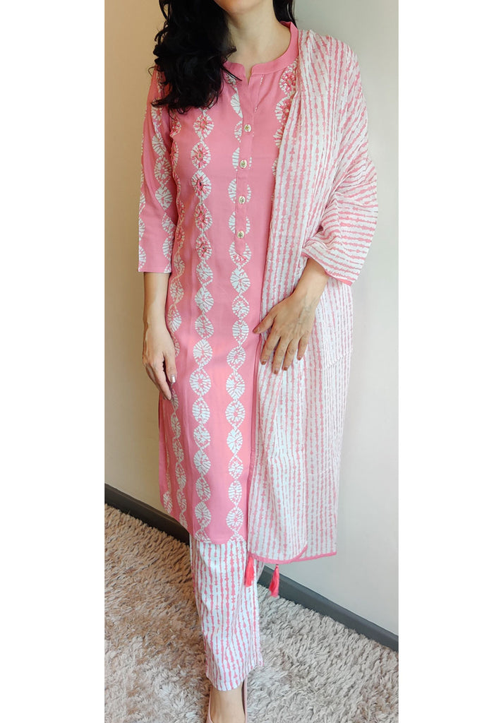 Pink Block Print Cotton Suit -L