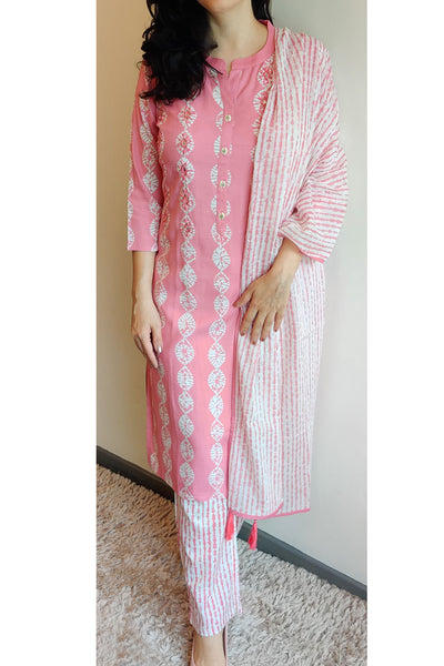 Pink Block Print Cotton Suit -L
