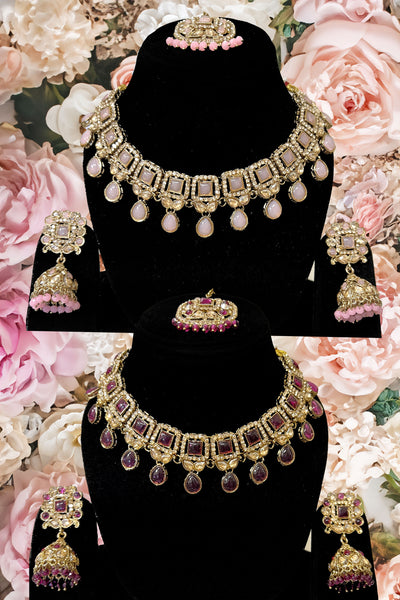 Antique Polki Square Design Necklace -Pink