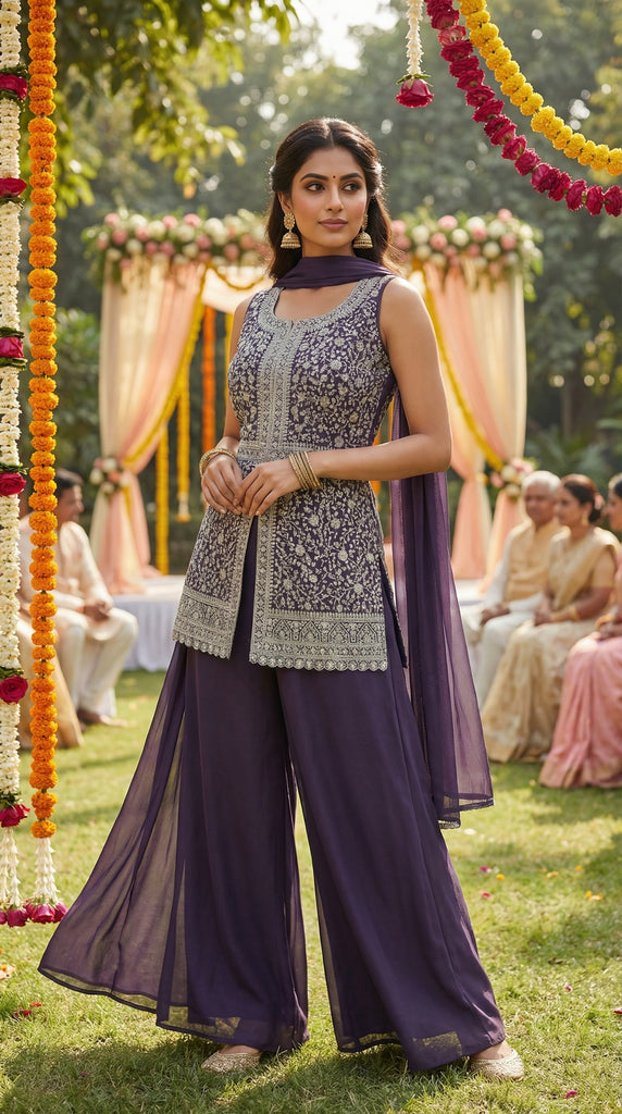 Purple Embroidered Top with Sharara Pants Set - M