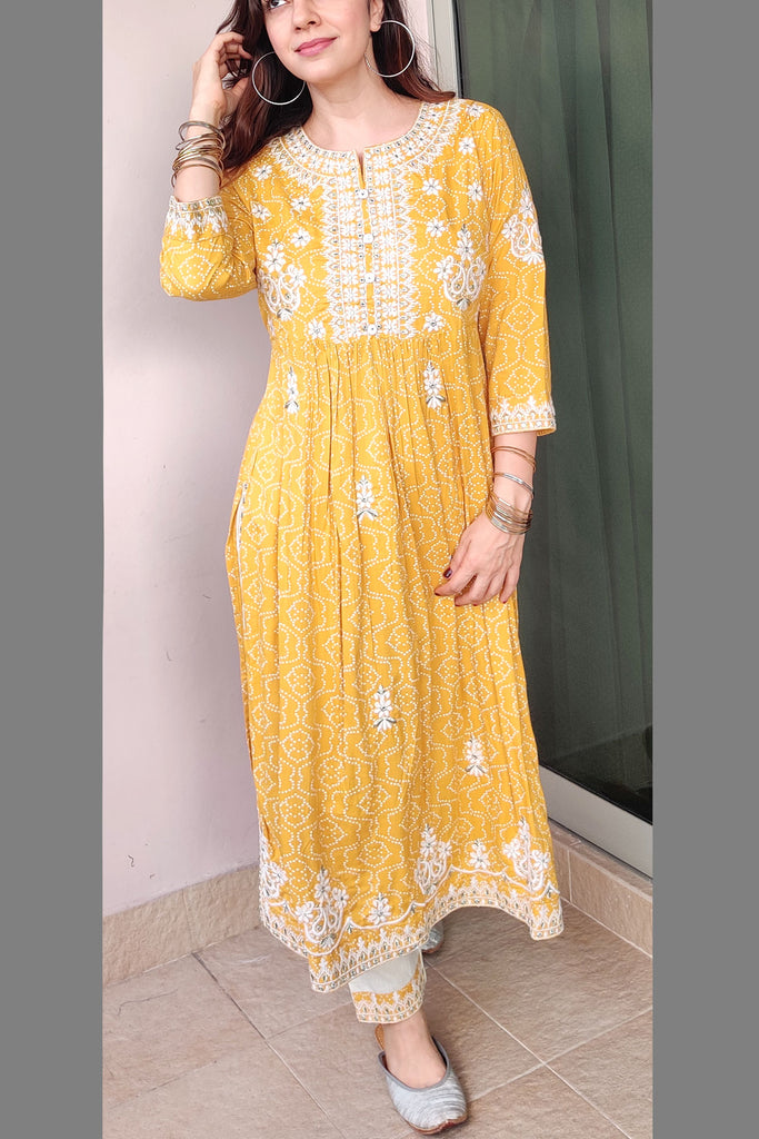 Yellow Cotton embroidered kurti-XXL