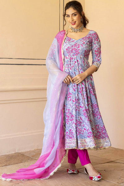 Purple Floral Anarkali cotton suit -L-XXL