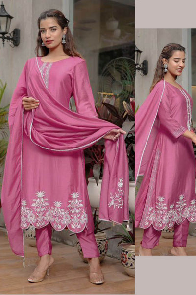 Embroidered Satin Cotton Suit -XL-XXL - Pink & Mauve