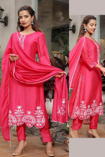 Embroidered Satin Cotton Suit -XL-XXL - Pink & Mauve