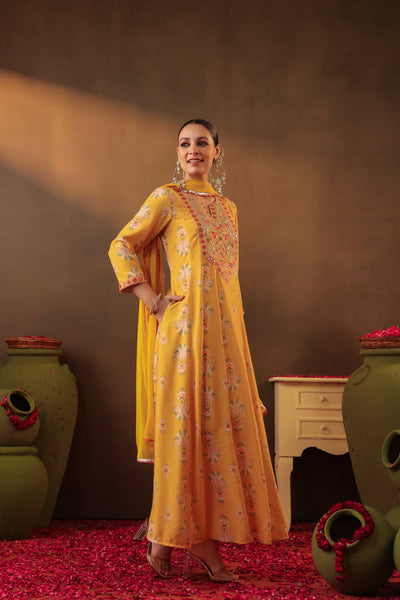 Yellow Floral Light Embroidered Anarkarli Suit - M/L/XL