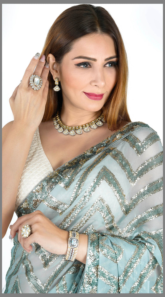 GREY Fine Sequin Embroidered Fusion Saree