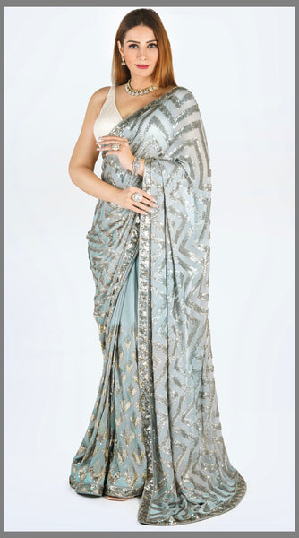 GREY Fine Sequin Embroidered Fusion Saree