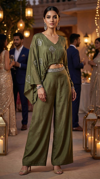 Olive Crop Top with Palazzo Pants Set - L