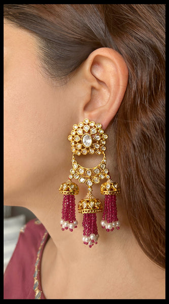 RANI Ruby Hydro Beads Kundan Earrings